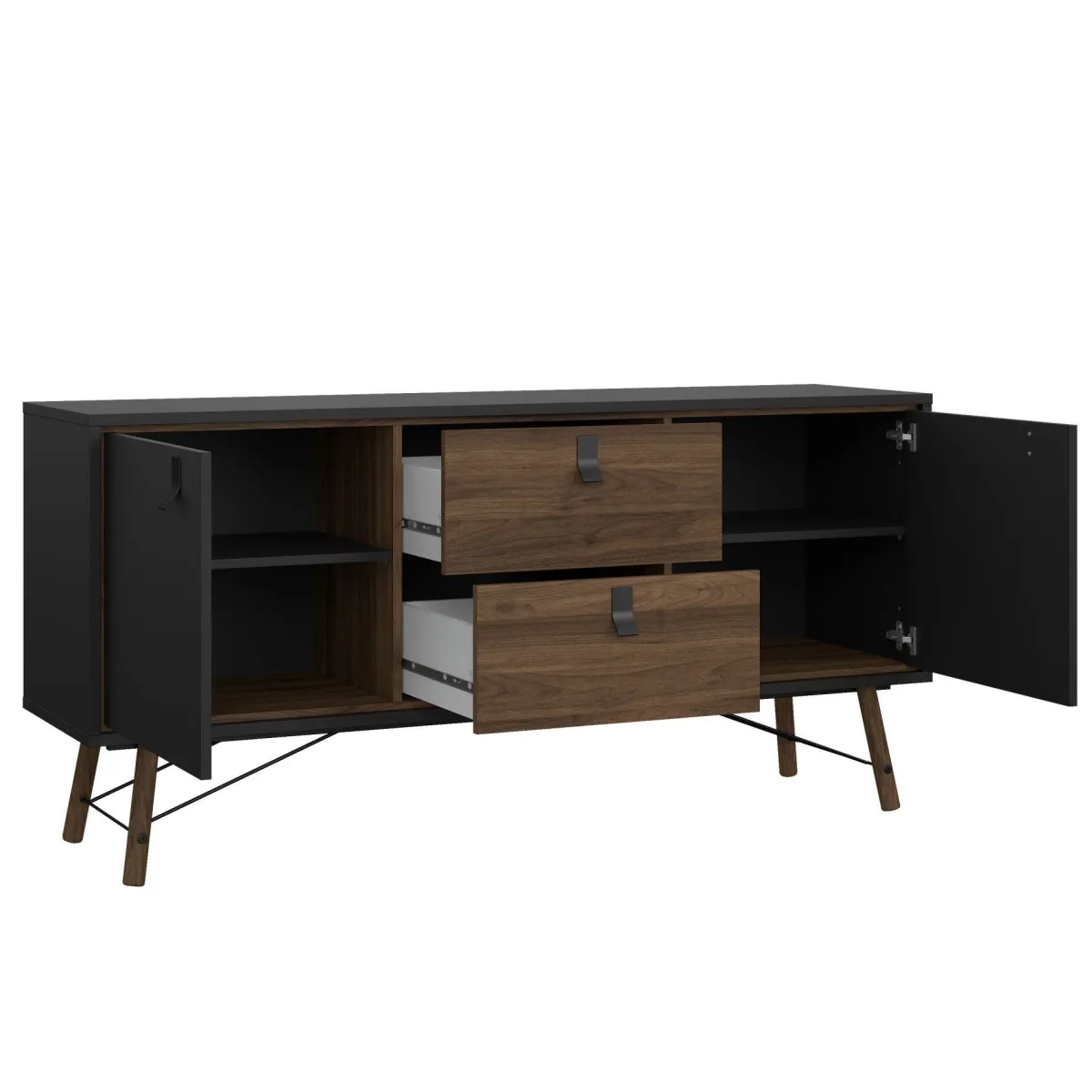 Madie|Credenze > Dmora Credenza nera,noce 150x40x72h cm 2 ante e 2 cassetti - Manyi Marrone, Nero Noce