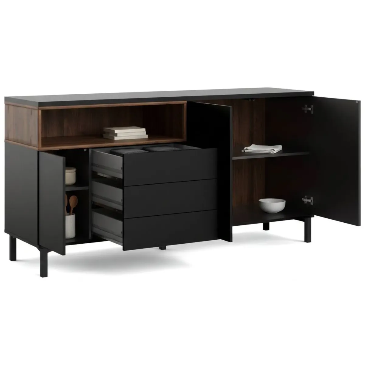 Madie|Credenze > Dmora Credenza nera,noce 175x48x89h cm 3 ante e 3 cassetti - Julie Marrone, Nero Noce