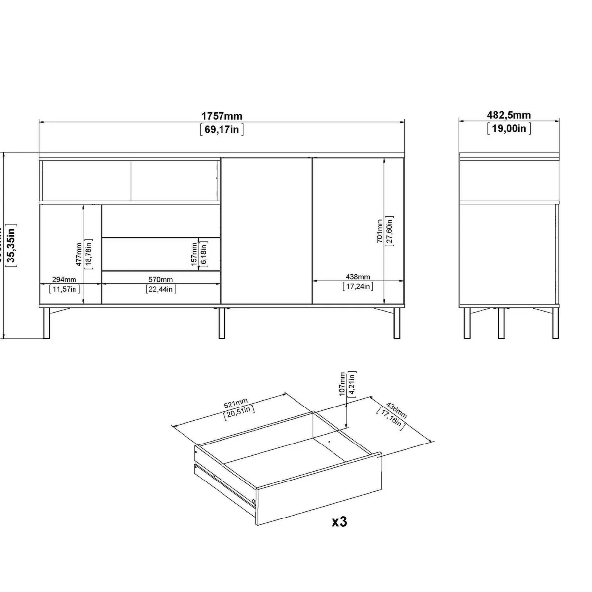 Madie|Credenze > Dmora Credenza nera,noce 175x48x89h cm 3 ante e 3 cassetti - Julie Marrone, Nero Noce