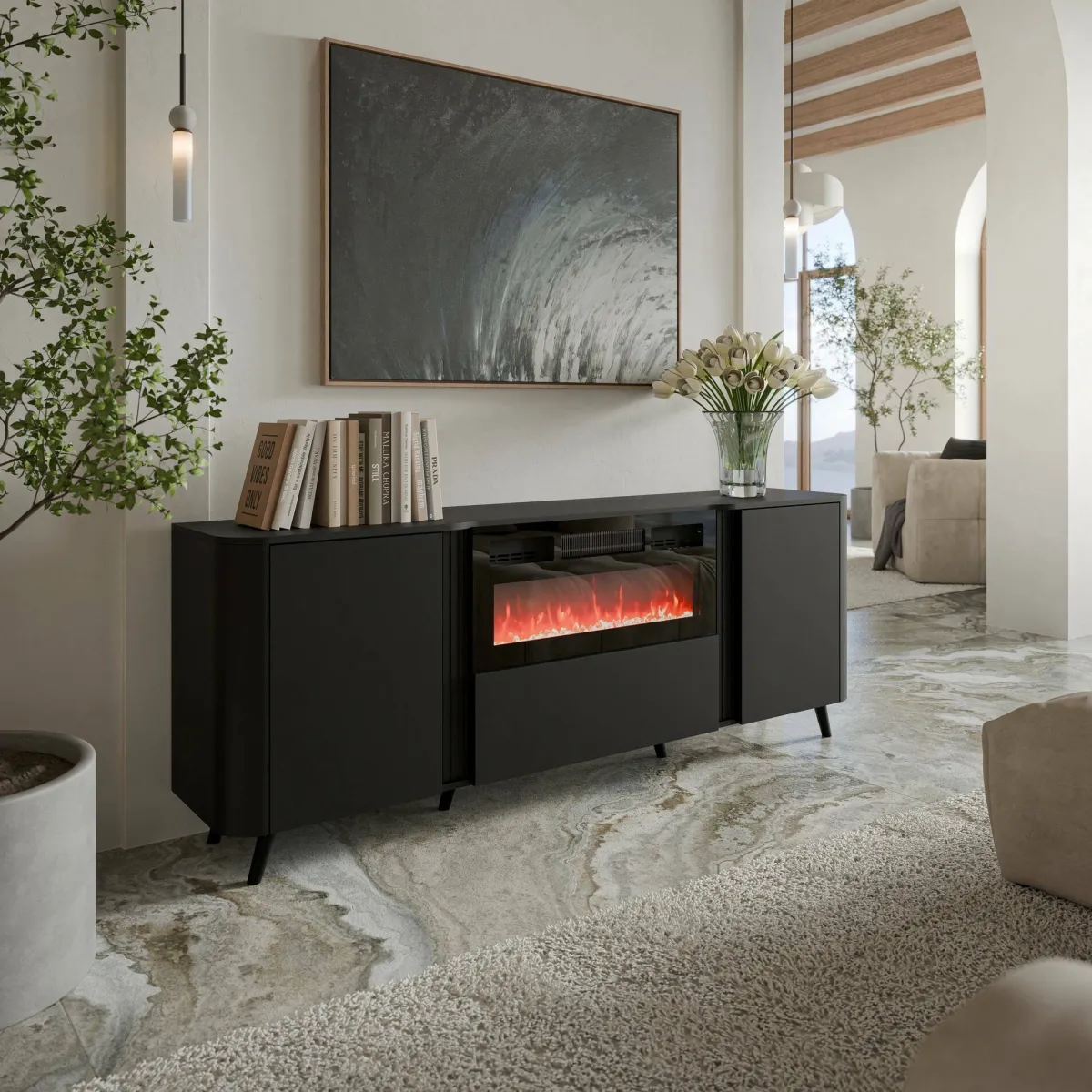 Madie|Credenze > Dmora Credenza nera 190x40x68h cm 3 ante - Briano Nero
