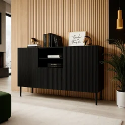 Madie|Credenze > Dmora Credenza nera 150x42x82h cm 2 ante e 1 cassetto - Stornara Nero