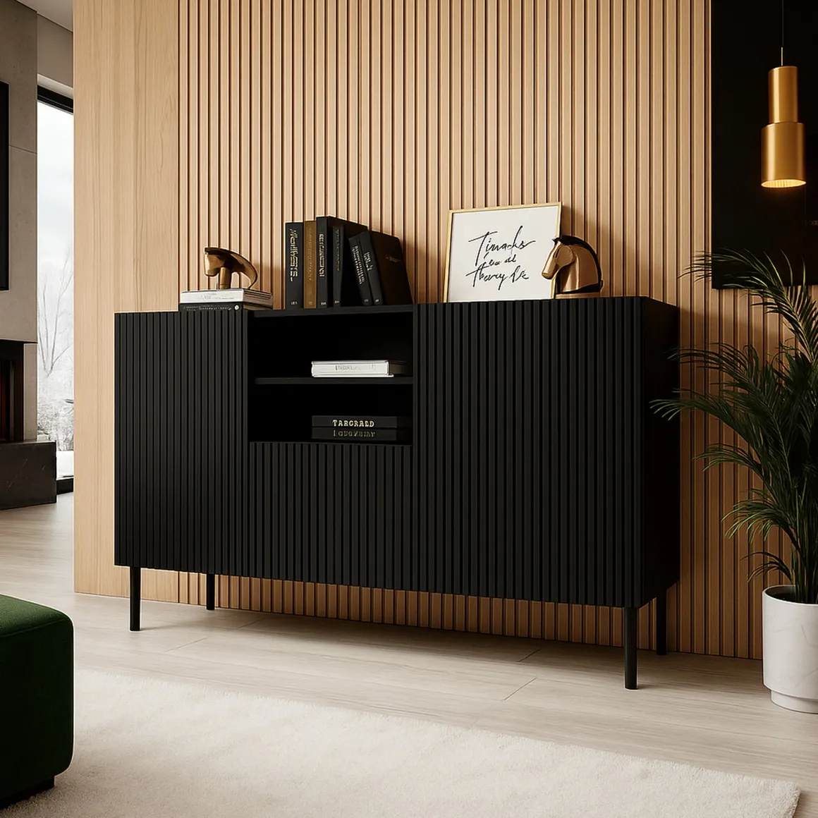 Credenza nera 150x42x82h cm 2 ante e 1 cassetto - Malo