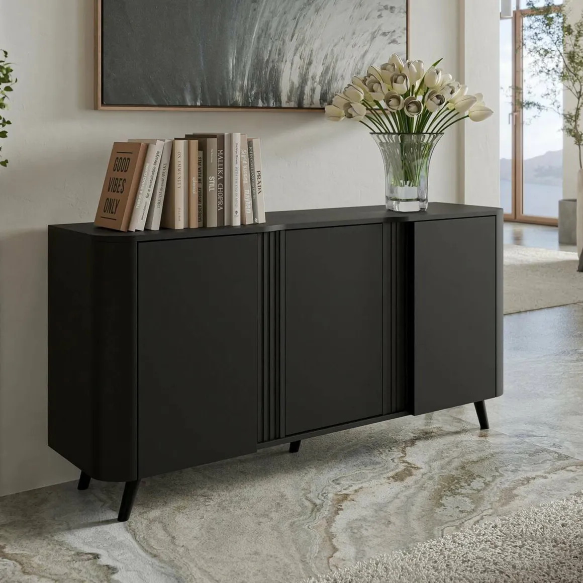 Credenza nera 150x42x70h cm 3 ante - Loreo