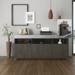 Madie|Credenze > Dmora Credenza Nero Antracite Grigio Cemento 3 Ripiani 6 Vani 180x41x80h cm, 3 Ante - Fanna Grigio Cemento, Nero Antracite