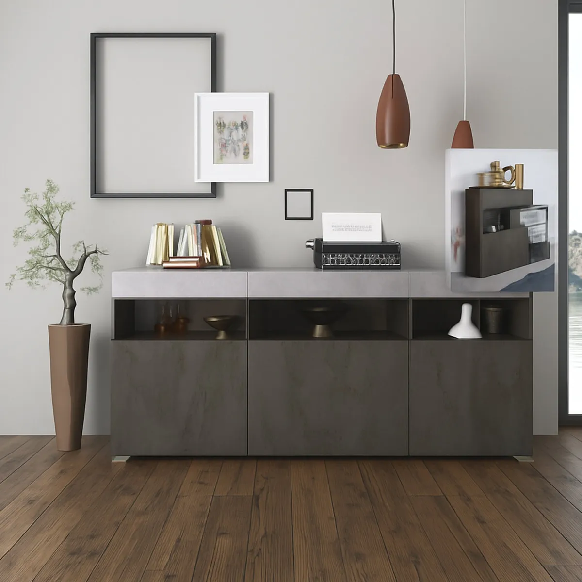 Madie|Credenze > Dmora Credenza Nero Antracite Grigio Cemento 3 Ripiani 6 Vani 180x41x80h cm, 3 Ante - Fanna Grigio Cemento, Nero Antracite