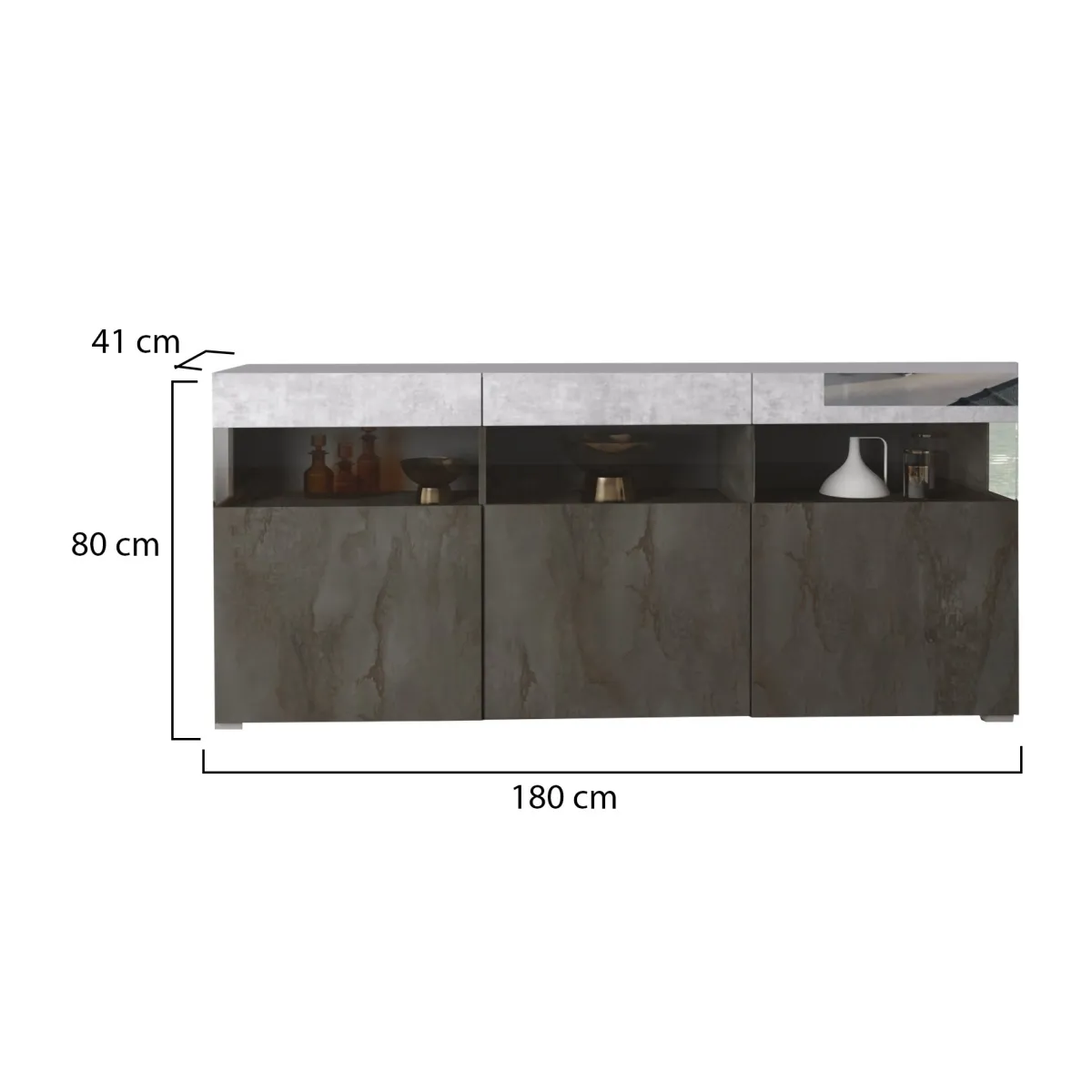 Madie|Credenze > Dmora Credenza Nero Antracite Grigio Cemento 3 Ripiani 6 Vani 180x41x80h cm, 3 Ante - Fanna Grigio Cemento, Nero Antracite