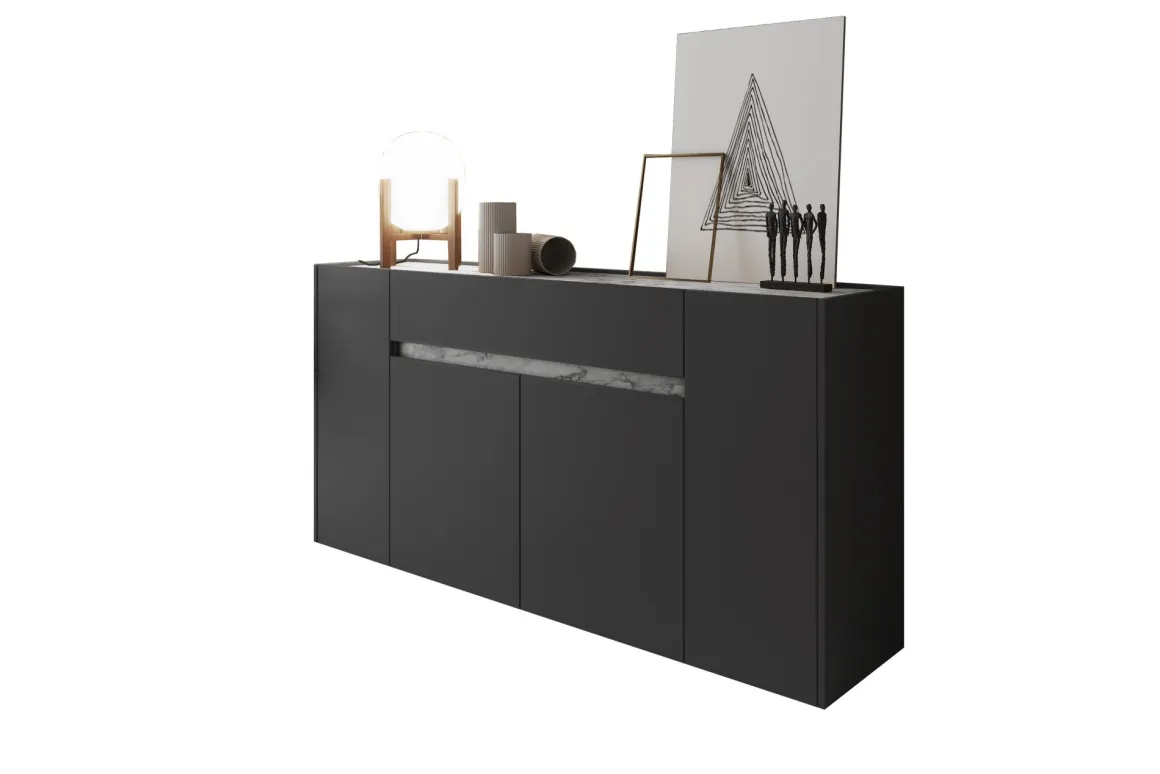 Credenza Nero Antracite Grigio un Cassetto 3 Ripiani 170x40x85h cm, Apertura Battente - Cirimido