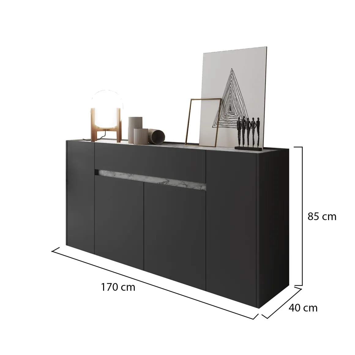 Credenza Nero Antracite Grigio un Cassetto 3 Ripiani 170x40x85h cm, Apertura Battente - Cirimido