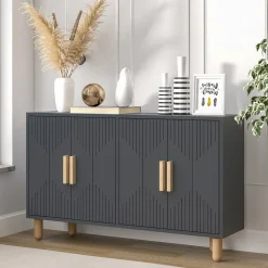 Madie|Credenze > Dmora Credenza Nero Antracite Marrone Rovere 3 Ripiani 4 Ante 180x45x75h cm, 6 Vani - Cisliano Marrone Rovere, Nero Antracite