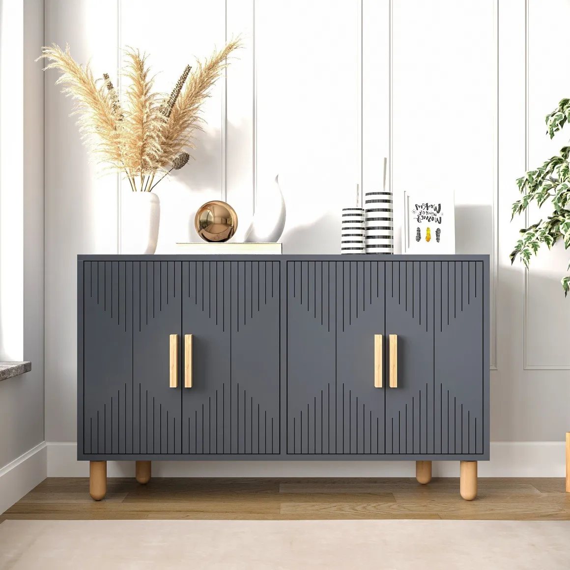 Credenza Nero Antracite Marrone Rovere 2 Ripiani 4 Vani 120x30x74h cm, 4 Ante - Colzano