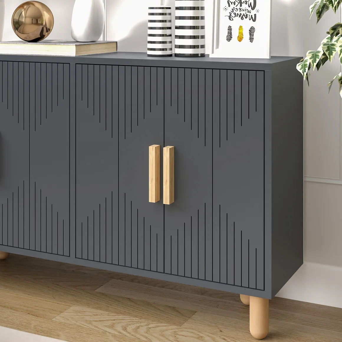 Credenza Nero Antracite Marrone Rovere 2 Ripiani 4 Vani 120x30x74h cm, 4 Ante - Colzano