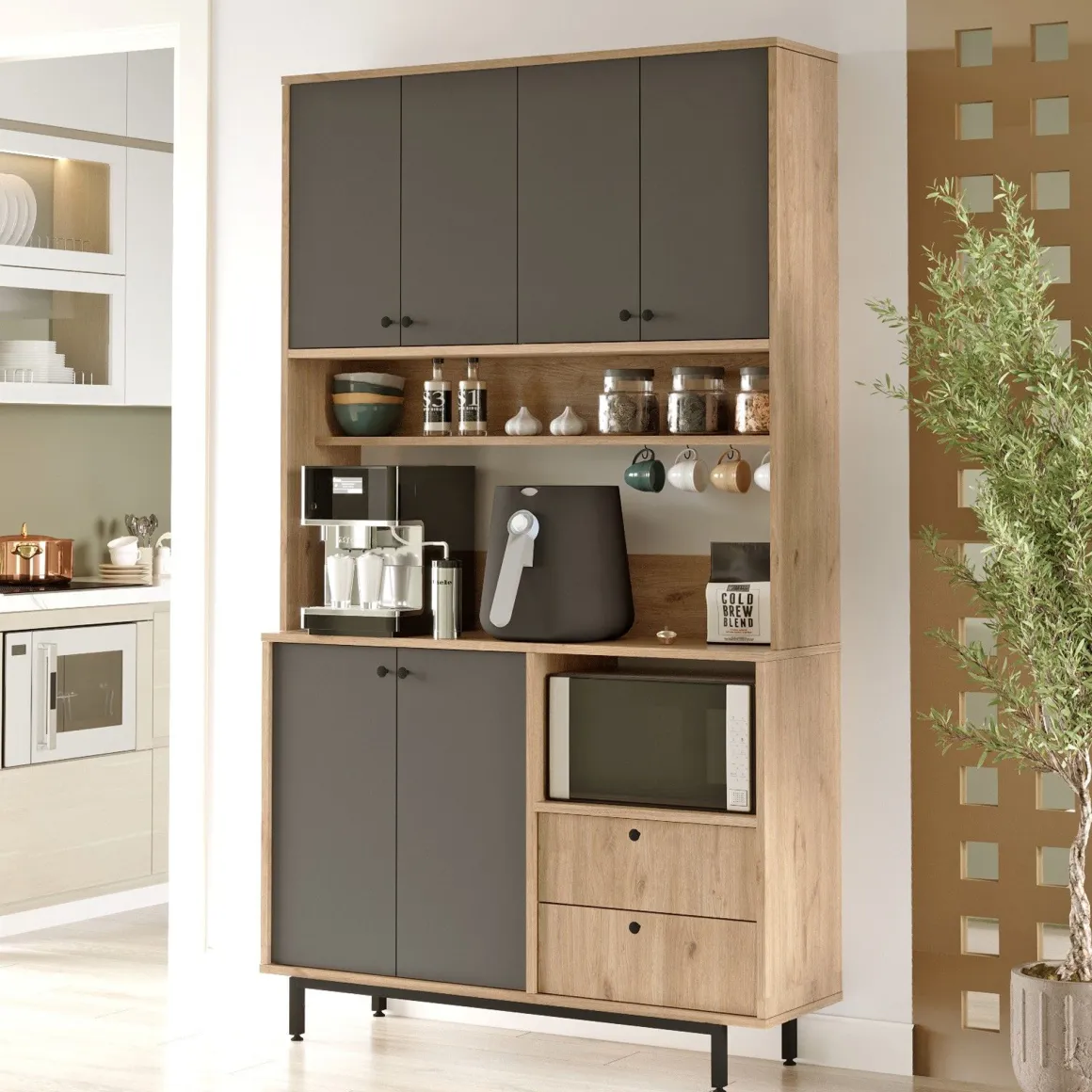 Credenze > Dmora Credenza Nero Antracite Marrone Rovere 6 Ripiani Apertura Battente 160x35x70h cm, 4 Ante Made in Italy - Swink Marrone Rovere, Nero Antracite