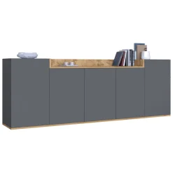Madie|Credenze > Dmora Credenza Nero Antracite Marrone Rovere un Ripiano 2 Ante 72x36x73h cm, 2 Vani - Pontida Marrone Rovere, Nero Antracite