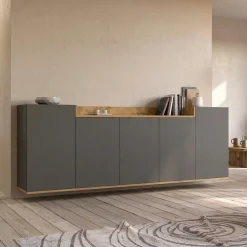 Credenza Nero Antracite Marrone Rovere 7 Ripiani Apertura Battente 200x35x70h cm, 5 Ante Made in Italy - Cordele