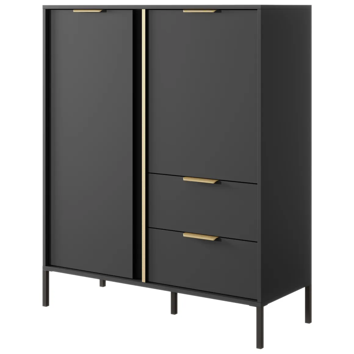 Credenza Nero Antracite oro 2 Cassetti 3 Ripiani 103x40x123h cm, Apertura Battente, Scorrevole - Hameno