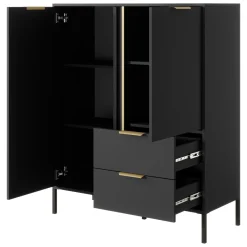 Credenza Nero Antracite oro 2 Cassetti 3 Ripiani 103x40x123h cm, Apertura Battente, Scorrevole - Hameno