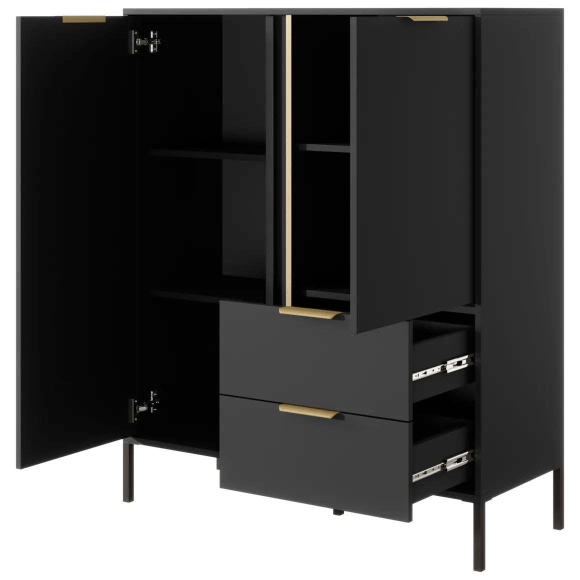 Credenza Nero Antracite oro 2 Cassetti 3 Ripiani 103x40x123h cm, Apertura Battente, Scorrevole - Hameno