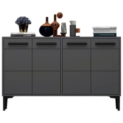 Credenza Nero Antracite 2 Ripiani 4 Ante 120x30x75h cm, 4 Vani - Perledo