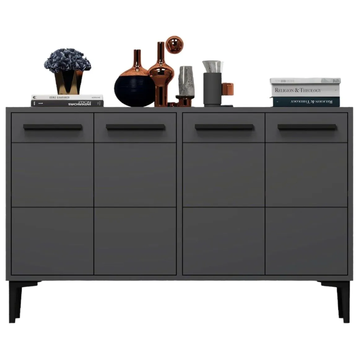 Credenza Nero Antracite 2 Ripiani 4 Ante 120x30x75h cm, 4 Vani - Perledo