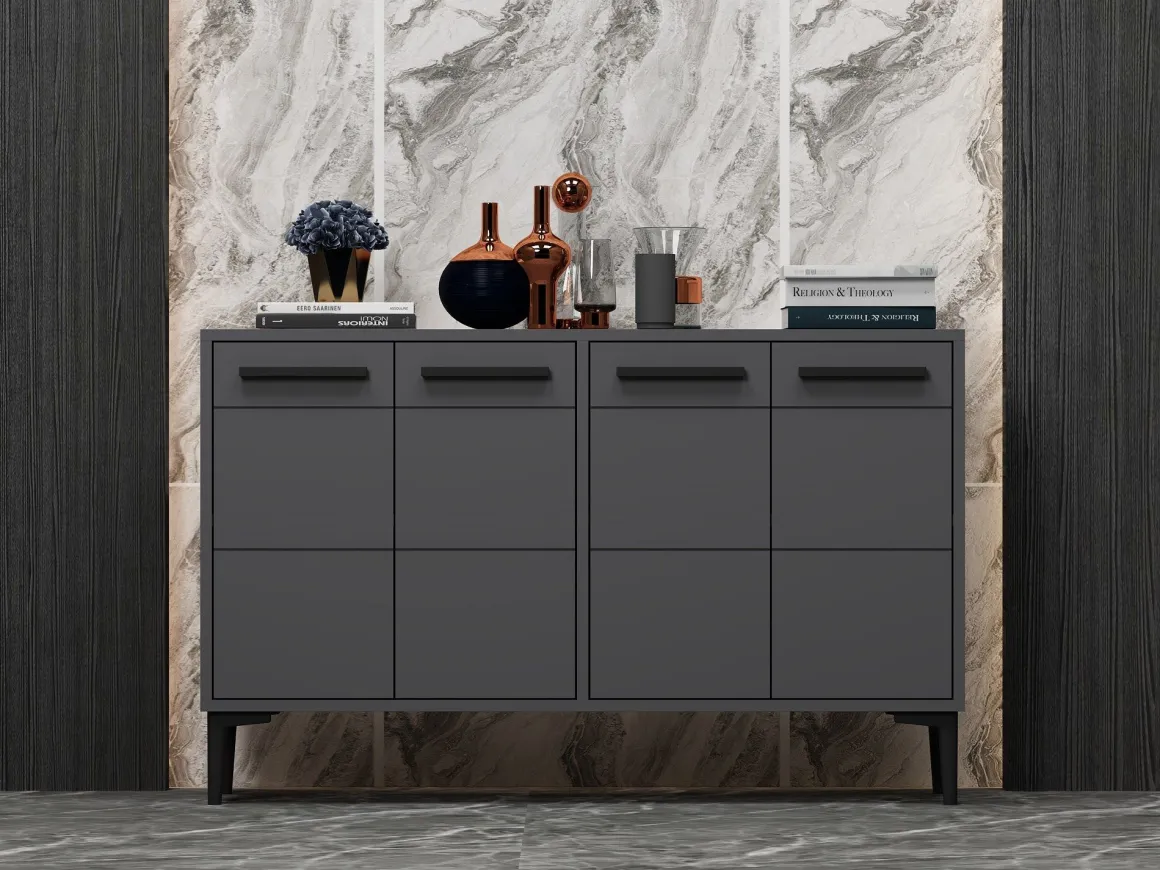 Credenza Nero Antracite 2 Ripiani 4 Ante 120x30x75h cm, 4 Vani - Perledo