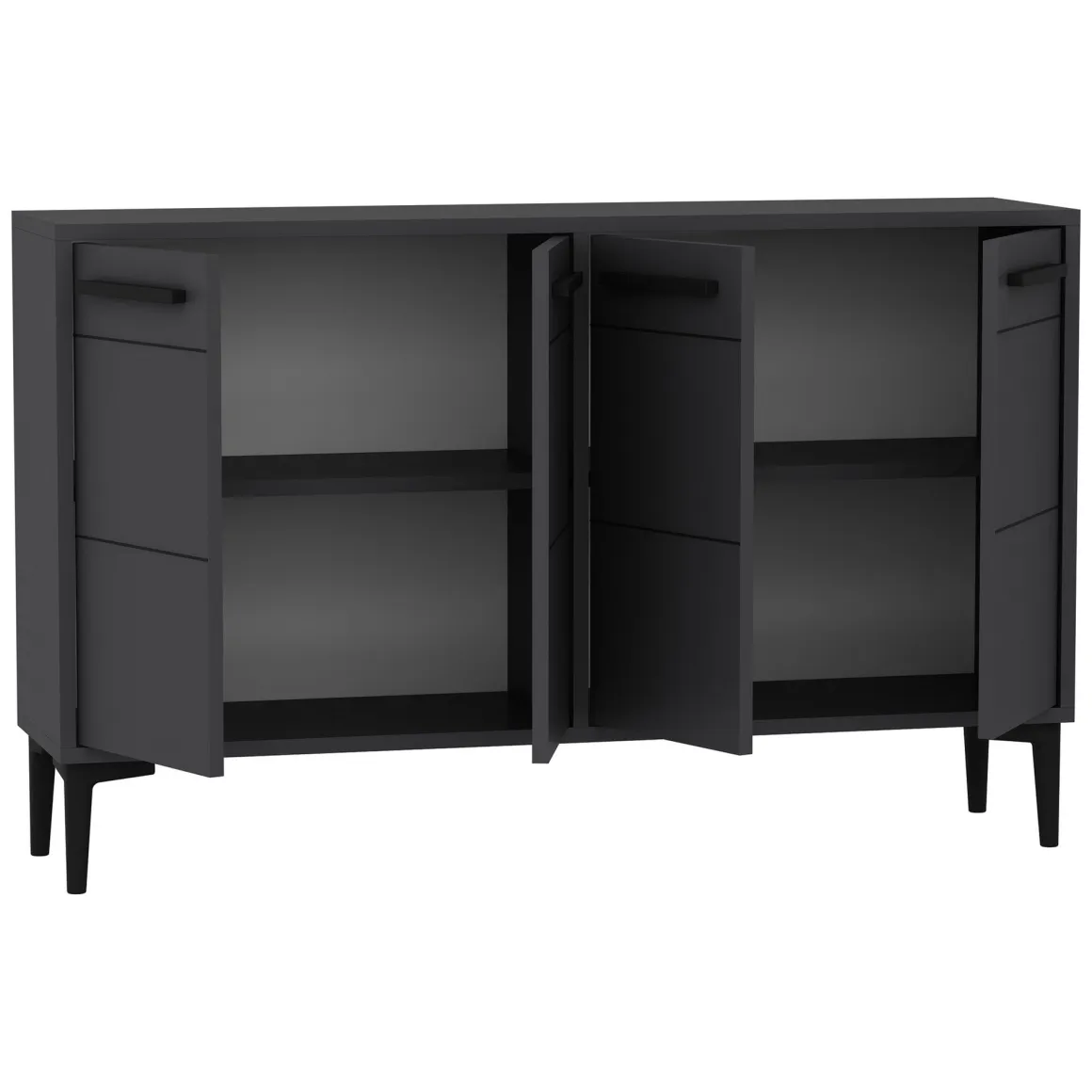 Credenza Nero Antracite 2 Ripiani 4 Ante 120x30x75h cm, 4 Vani - Perledo