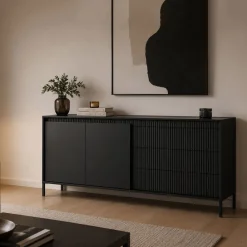 Credenza Nero 3 Cassetti 2 Ripiani 187x40x81h cm, Apertura Battente, Scorrevole - Hatone