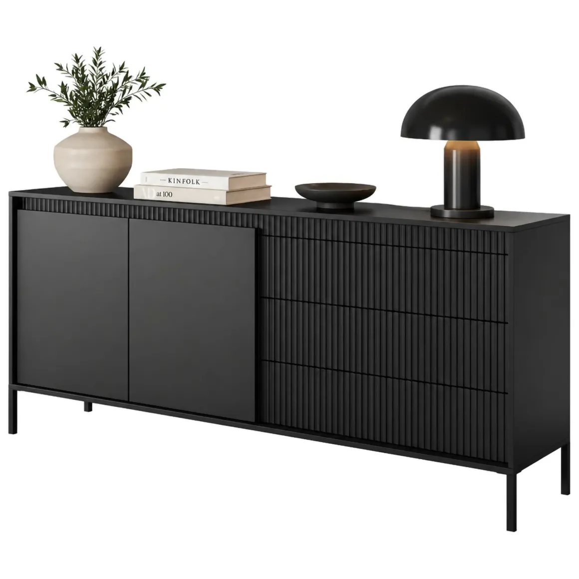 Credenza Nero 3 Cassetti 2 Ripiani 187x40x81h cm, Apertura Battente, Scorrevole - Hatone