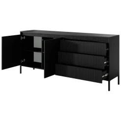 Credenza Nero 3 Cassetti 2 Ripiani 187x40x81h cm, Apertura Battente, Scorrevole - Hatone