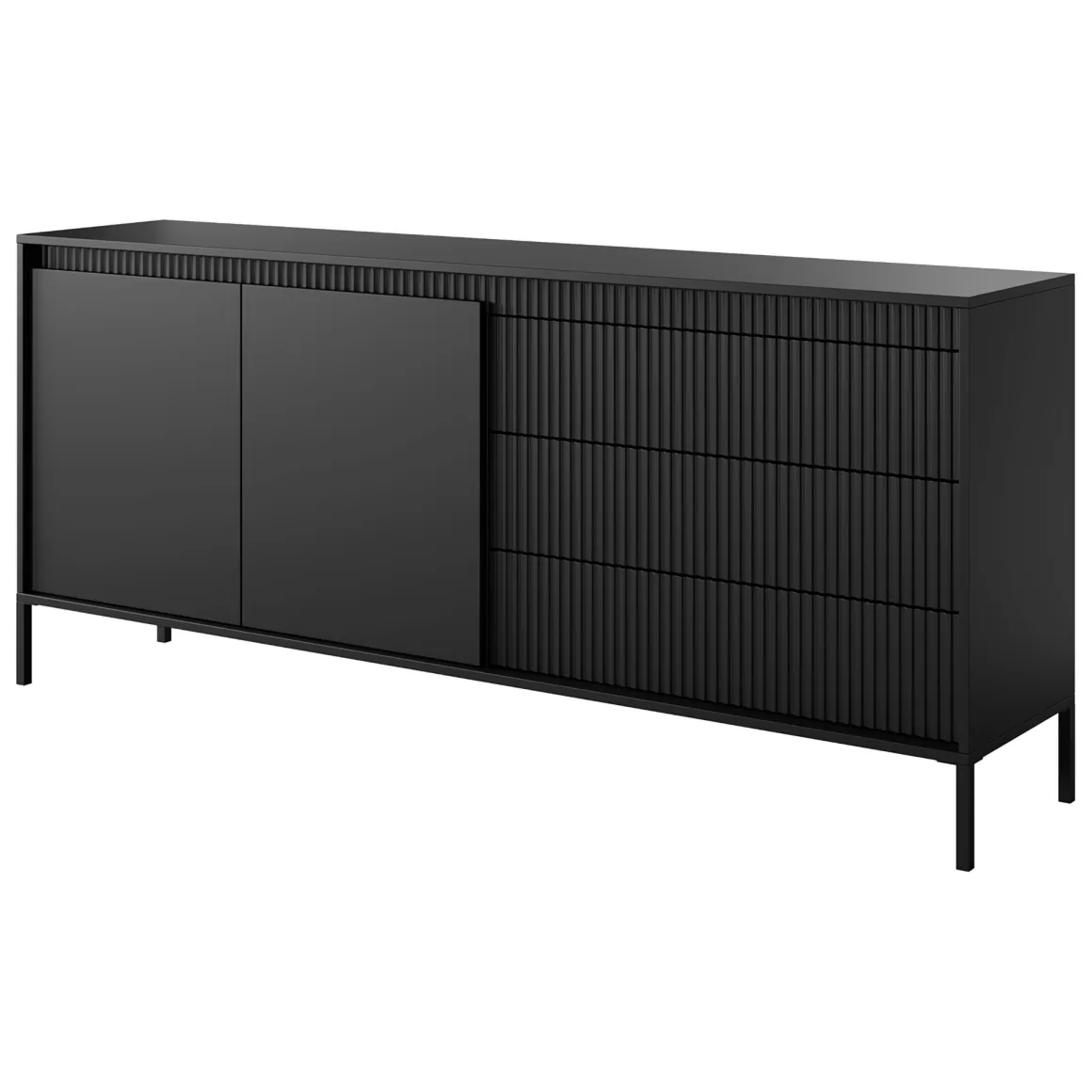 Credenza Nero 3 Cassetti 2 Ripiani 187x40x81h cm, Apertura Battente, Scorrevole - Hatone