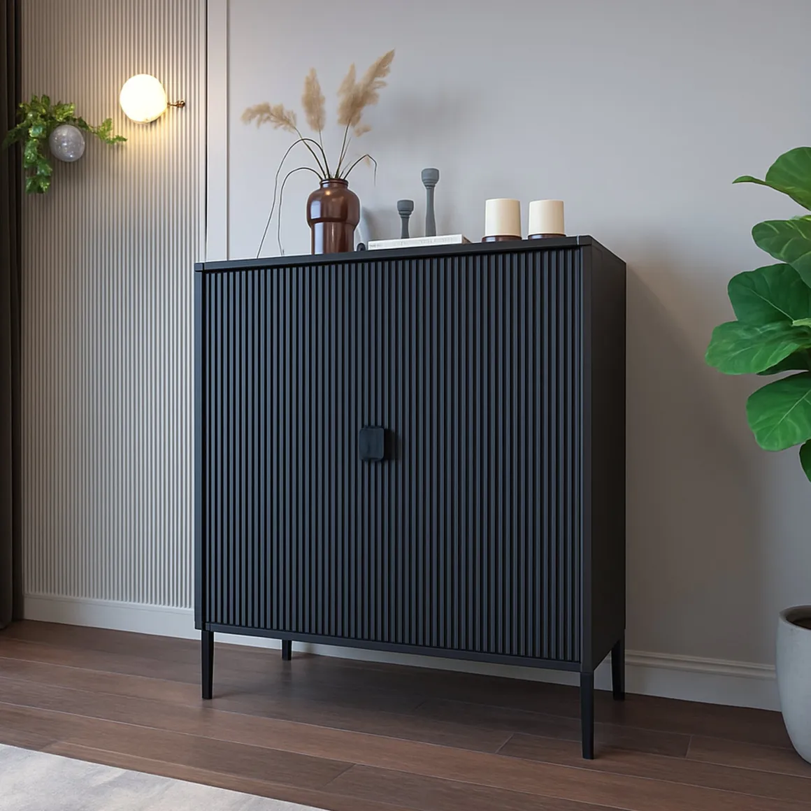 Credenza Nero Cassetti 4 Ripiani 104x40x129h cm, Apertura Battente - Wallis