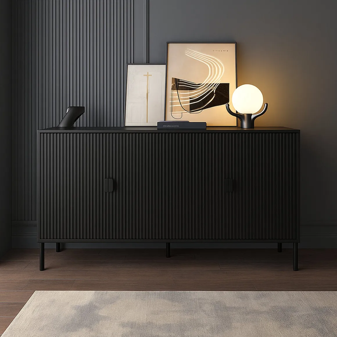 Credenza Nero Cassetti Ripiani 203x49x83h cm, Apertura Battente - Ostiglia