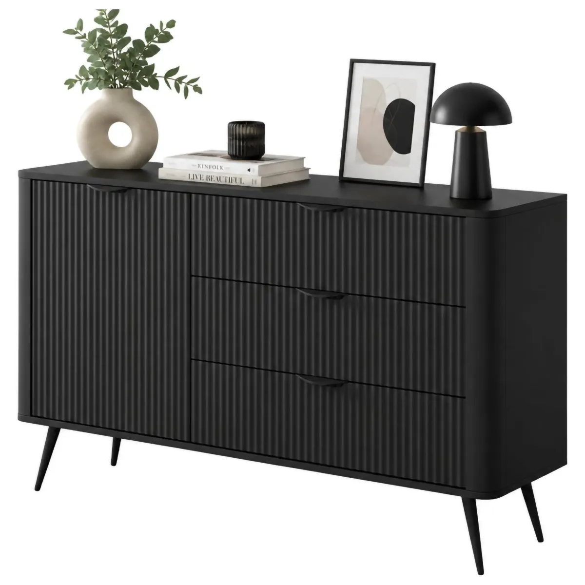 Credenze > Dmora Credenza 3 Cassetti un Ripiano 138x38x81h cm, Apertura Battente, Scorrevole - Halilomo Nero