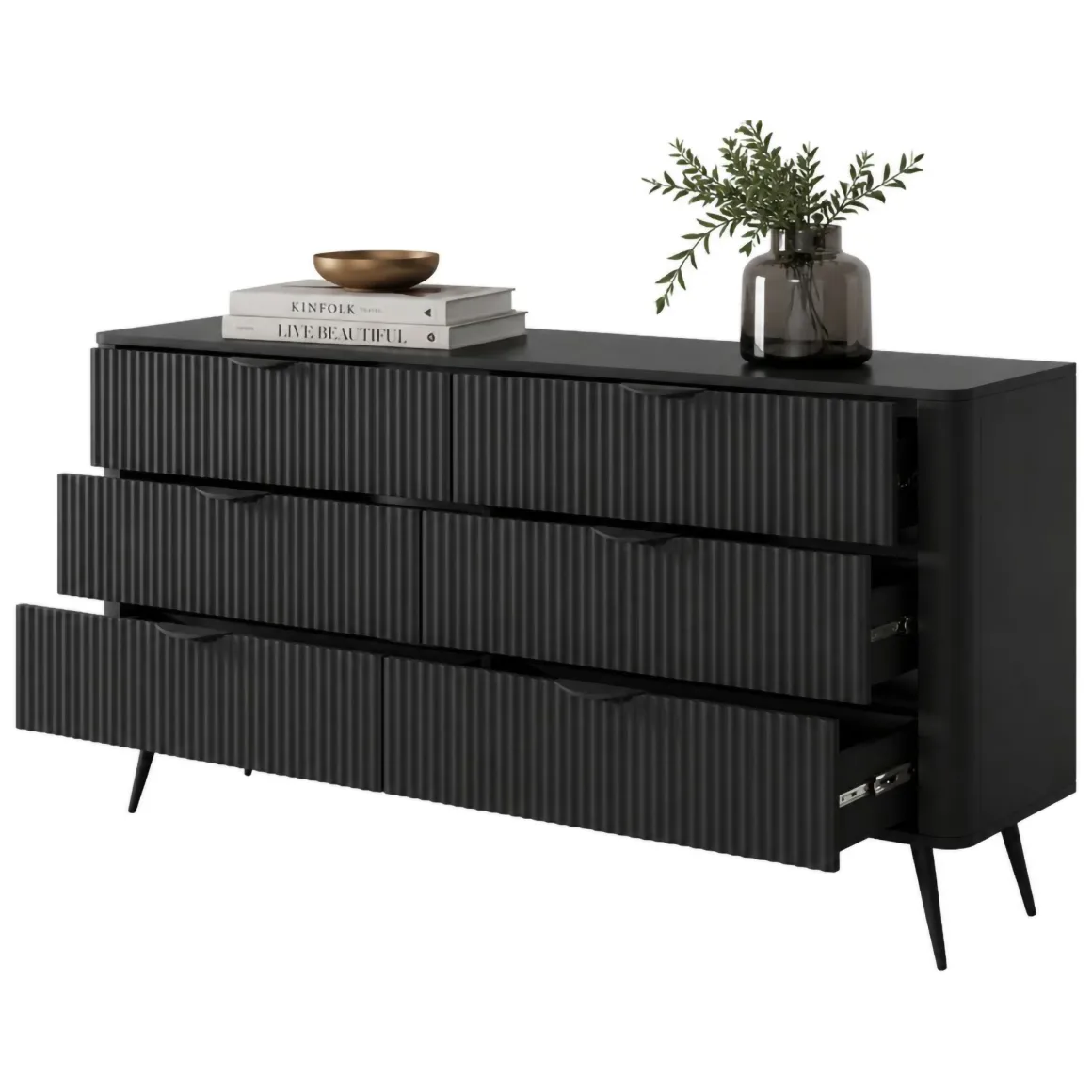 Credenza Nero 6 Cassetti un Ripiano 163x38x81h cm, Apertura Scorrevole - Hali