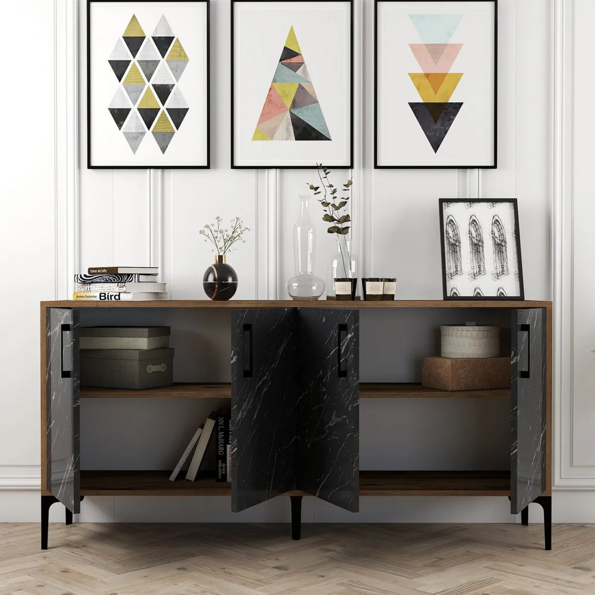 Madie|Credenze > Dmora Credenza Nero Marmo Marrone Noce 2 Ripiani 4 Ante 160x35x78h cm, 4 Vani - Sinopoli Marrone Noce, Nero Marmo