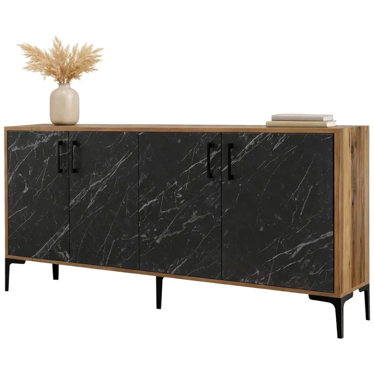 Madie|Credenze > Dmora Credenza Nero Marmo Marrone Noce 2 Ripiani 4 Ante 160x35x78h cm, 4 Vani - Sinopoli Marrone Noce, Nero Marmo