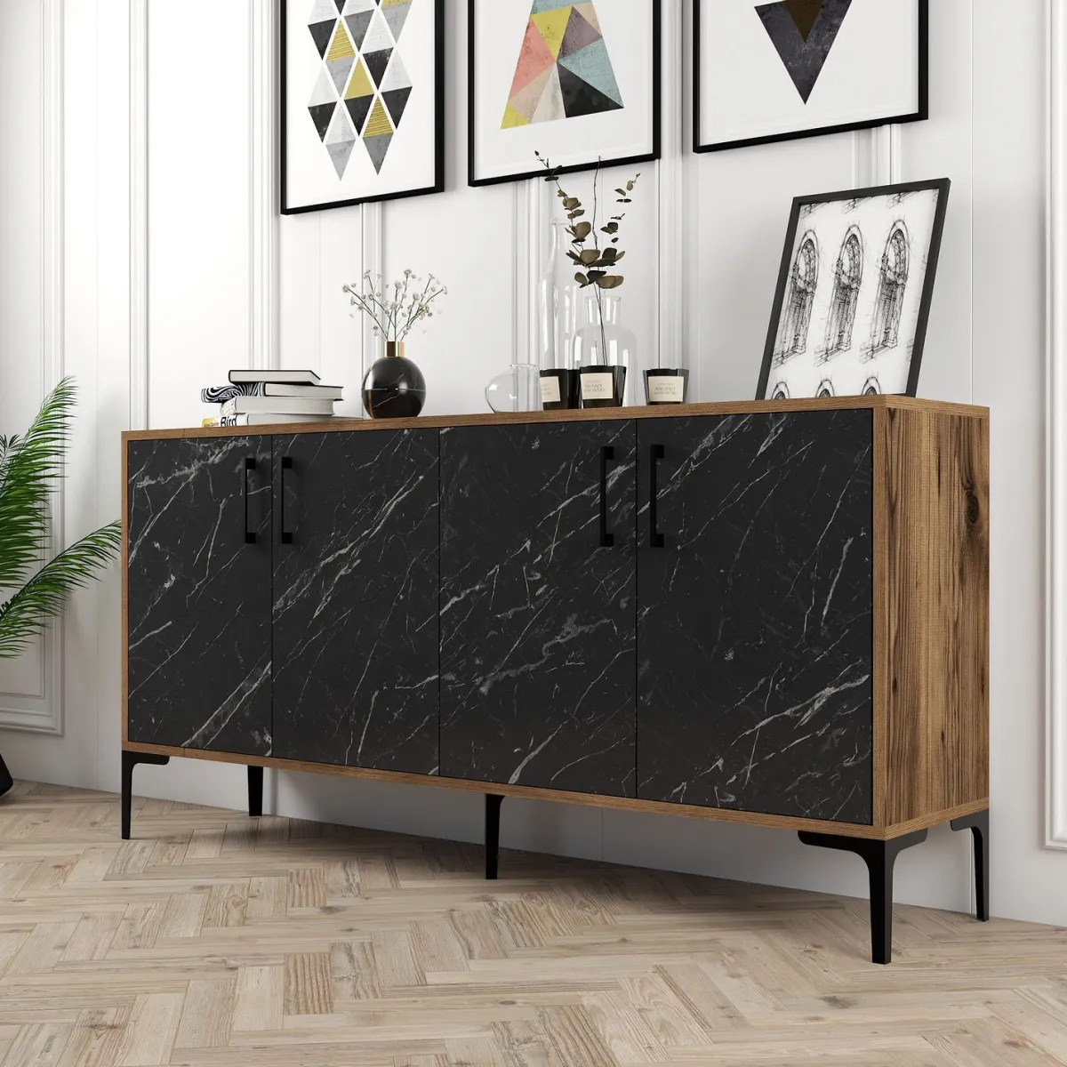 Madie|Credenze > Dmora Credenza Nero Marmo Marrone Noce 2 Ripiani 4 Ante 160x35x78h cm, 4 Vani - Sinopoli Marrone Noce, Nero Marmo