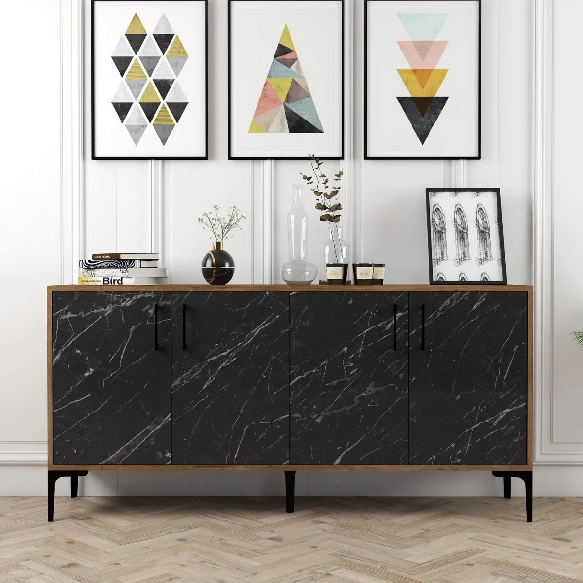 Madie|Credenze > Dmora Credenza Nero Marmo Marrone Noce 2 Ripiani 4 Ante 160x35x78h cm, 4 Vani - Sinopoli Marrone Noce, Nero Marmo