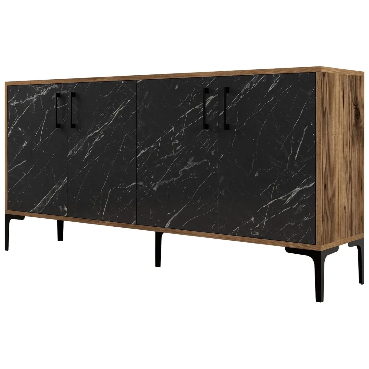 Madie|Credenze > Dmora Credenza Nero Marmo Marrone Noce 2 Ripiani 4 Ante 160x35x78h cm, 4 Vani - Sinopoli Marrone Noce, Nero Marmo