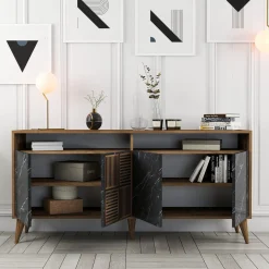 Madie > Dmora Credenza Nero Marmo Marrone Noce 2 Ripiani 4 Ante 180x35x78h cm, 4 Vani - Pollein Marrone Noce, Nero Marmo