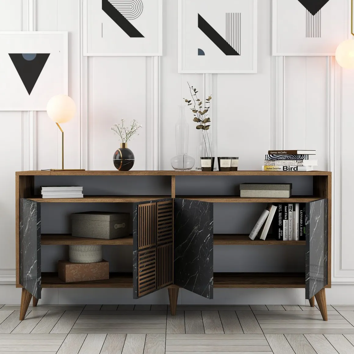 Credenza Nero Marmo Marrone Noce 2 Ripiani 4 Ante 160x35x78h cm, 6 Vani - Thuile