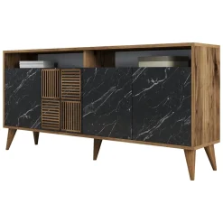 Madie > Dmora Credenza Nero Marmo Marrone Noce 2 Ripiani 4 Ante 180x35x78h cm, 4 Vani - Pollein Marrone Noce, Nero Marmo