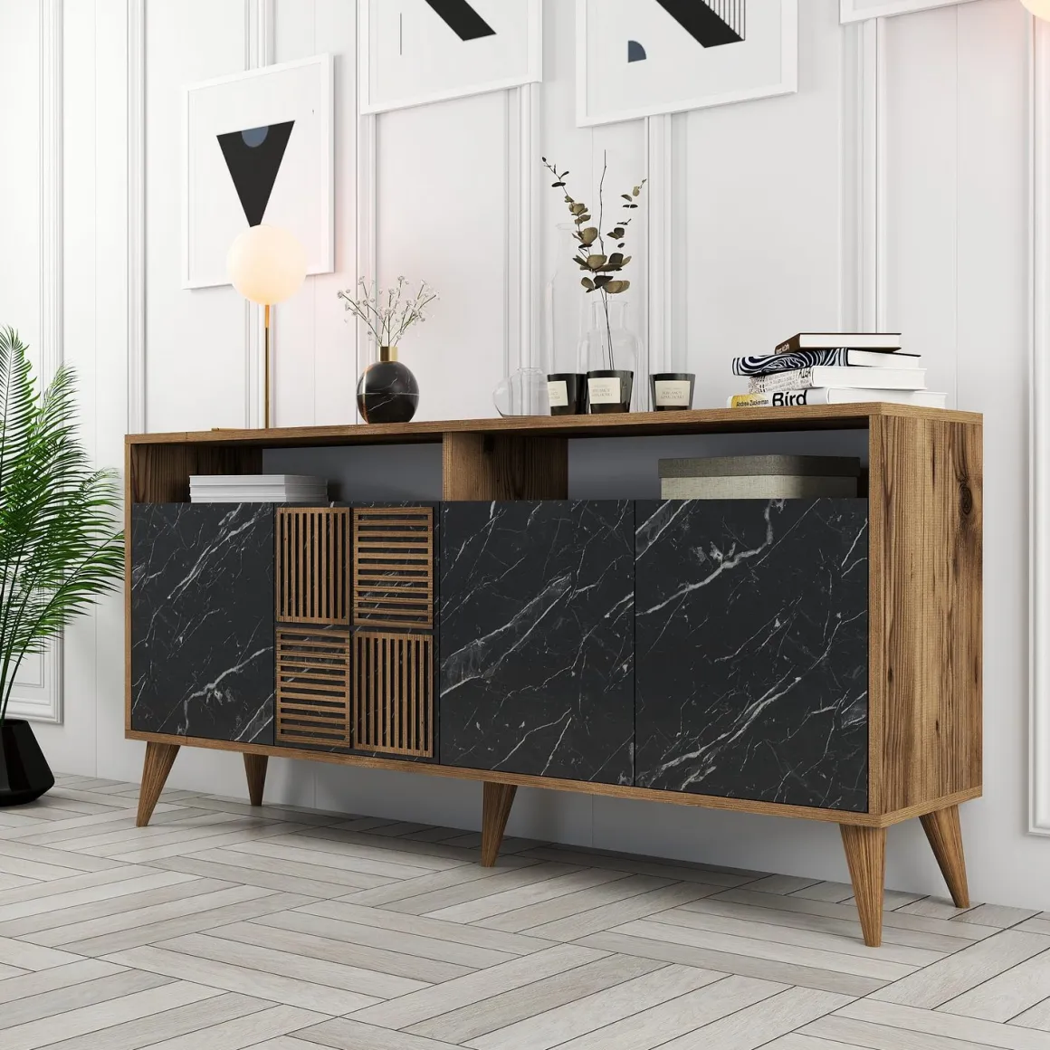 Credenza Nero Marmo Marrone Noce 2 Ripiani 4 Ante 160x35x78h cm, 6 Vani - Thuile