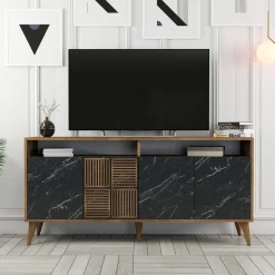Credenza Nero Marmo Marrone Noce 2 Ripiani 4 Ante 160x35x78h cm, 6 Vani - Thuile