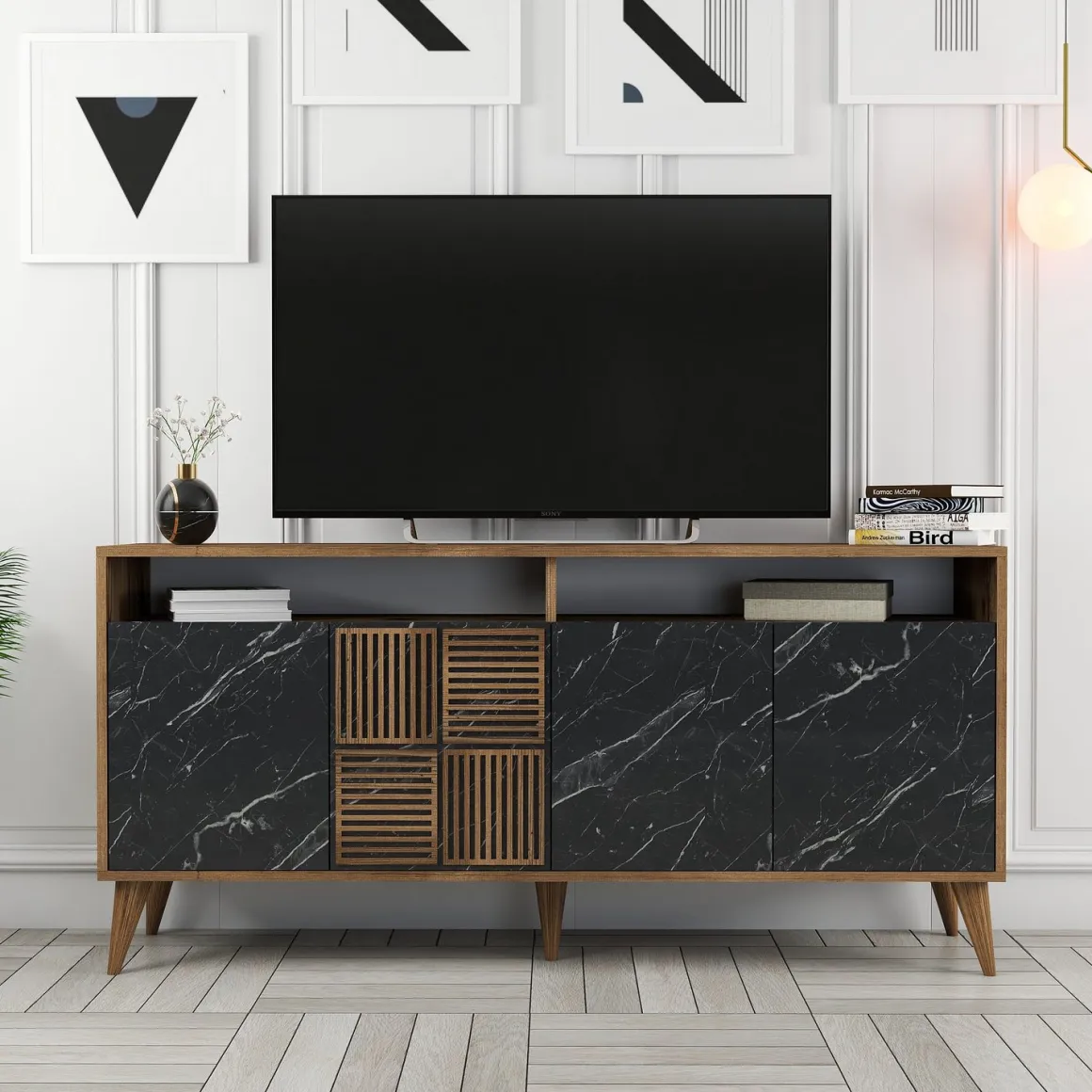Credenza Nero Marmo Marrone Noce 2 Ripiani 4 Ante 160x35x78h cm, 6 Vani - Thuile
