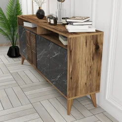Credenza Nero Marmo Marrone Noce 2 Ripiani 4 Ante 160x35x78h cm, 6 Vani - Thuile