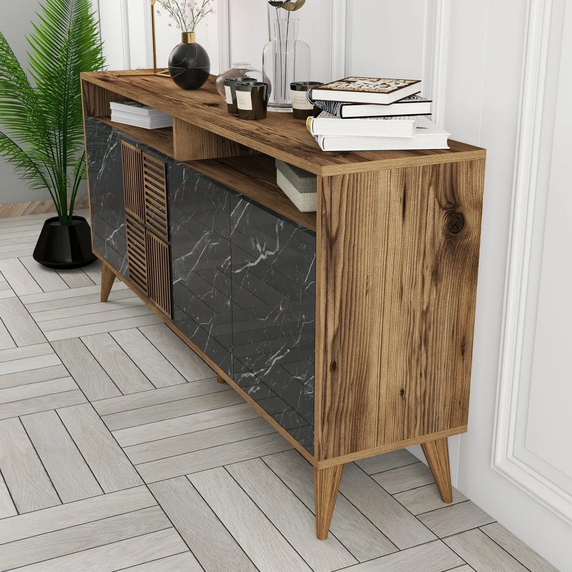 Credenza Nero Marmo Marrone Noce 2 Ripiani 4 Ante 160x35x78h cm, 6 Vani - Thuile