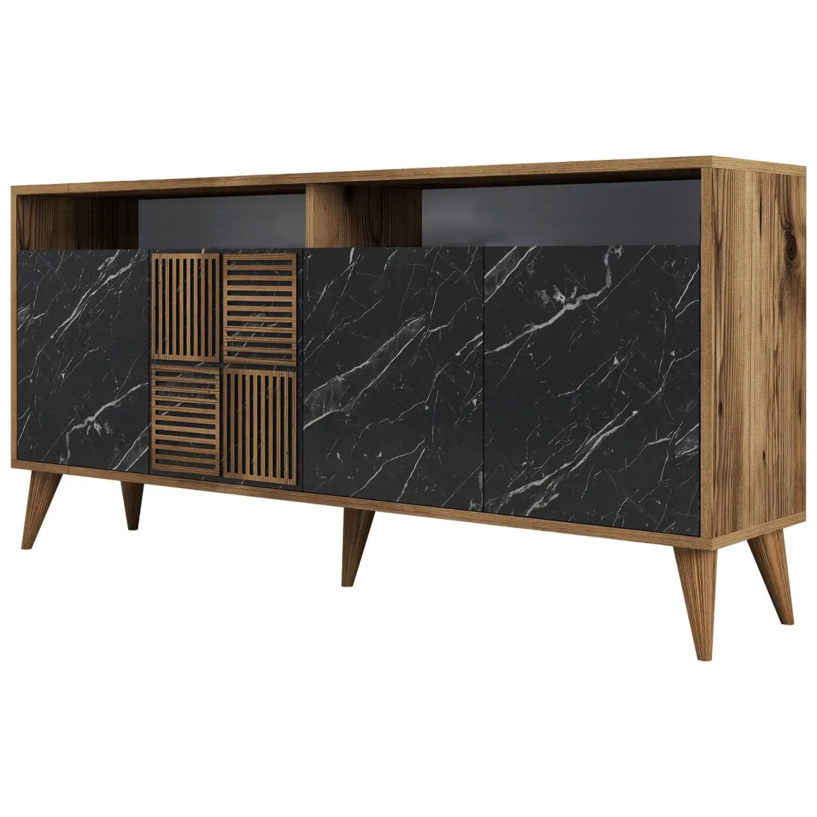 Credenza Nero Marmo Marrone Noce 2 Ripiani 4 Ante 160x35x78h cm, 6 Vani - Thuile