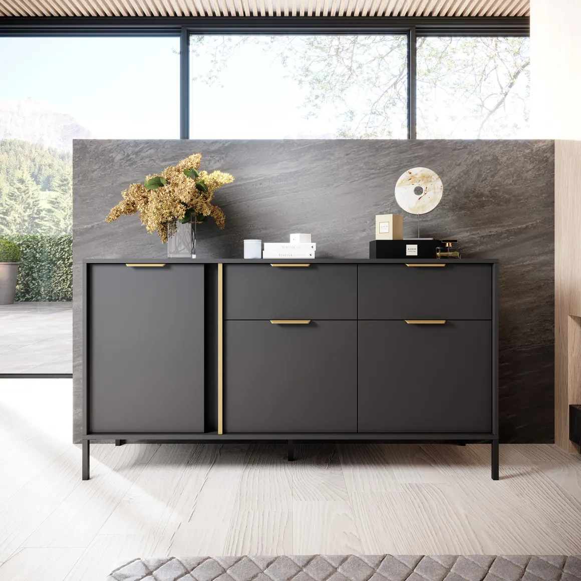 Credenza Nero oro 2 Cassetti 3 Ripiani 153x40x81h cm, Apertura Battente, Scorrevole - Hametesi