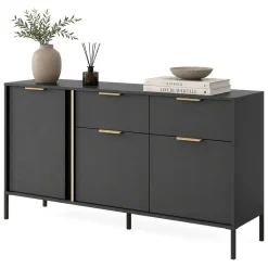Credenza Nero oro 2 Cassetti 3 Ripiani 153x40x81h cm, Apertura Battente, Scorrevole - Hametesi