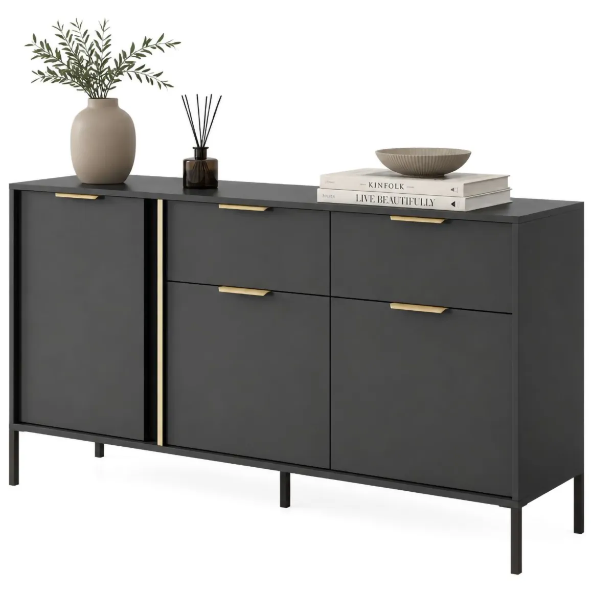 Credenza Nero oro 2 Cassetti 3 Ripiani 153x40x81h cm, Apertura Battente, Scorrevole - Hametesi